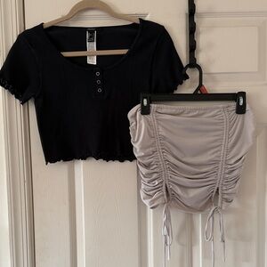 Black Crop Top and Ruched Gray Strapless Top